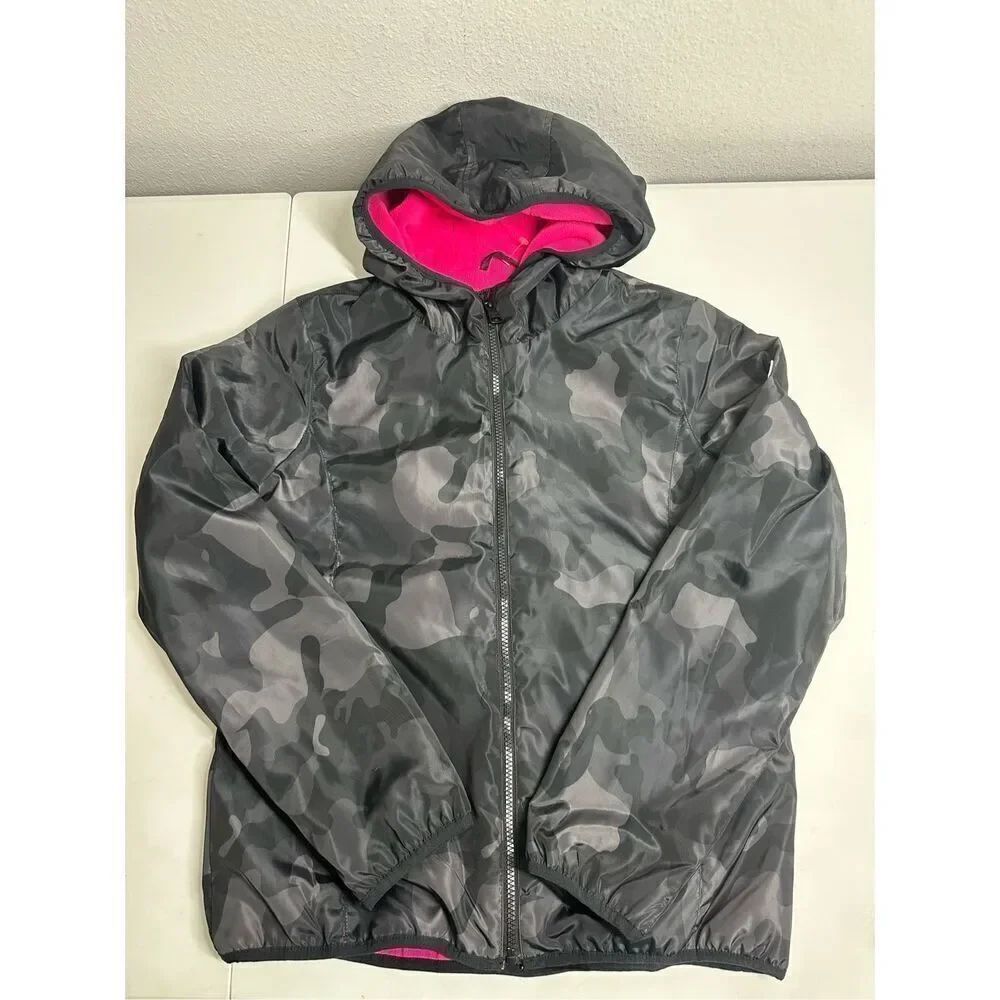 Madden Girl Women’s Camo Track Jacket Fleece Lined Hooded Black Pink Size S/P